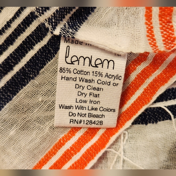 LemLem Square Cotton Scarf Wrap Neon Pink and Navy Blue with Fringe Striped - Picture 3 of 7